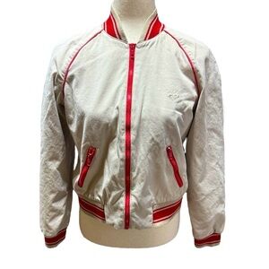 Roxy Vintage Y2K Khaki Red Bomber Jacket Size Medium Cotton Lined Zip Up Stripes